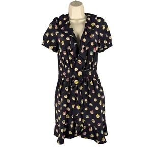 Love Moschino Shirt Dress US 4 Black Print 100% Silk Ruffle Trim Chiffon Lining